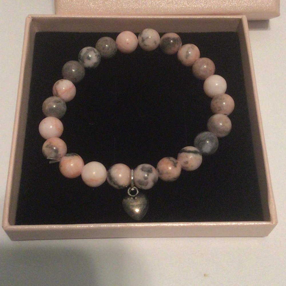 Pink and Gray Beaded Heart Charm Stretch Bracelet